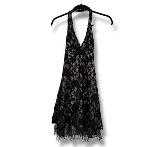 Ruby Rox Black Floral Lace Halter Mini Dress Champagne Lining Tulle Hem Small